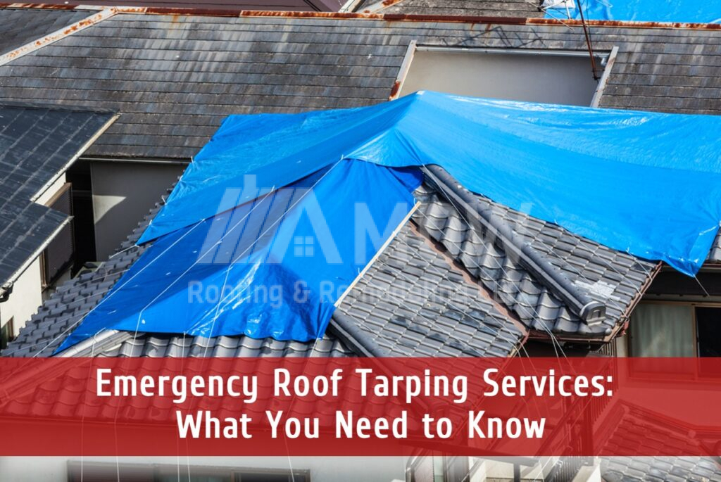 Blue tarp covering damaged roof section for emergency roof repair services