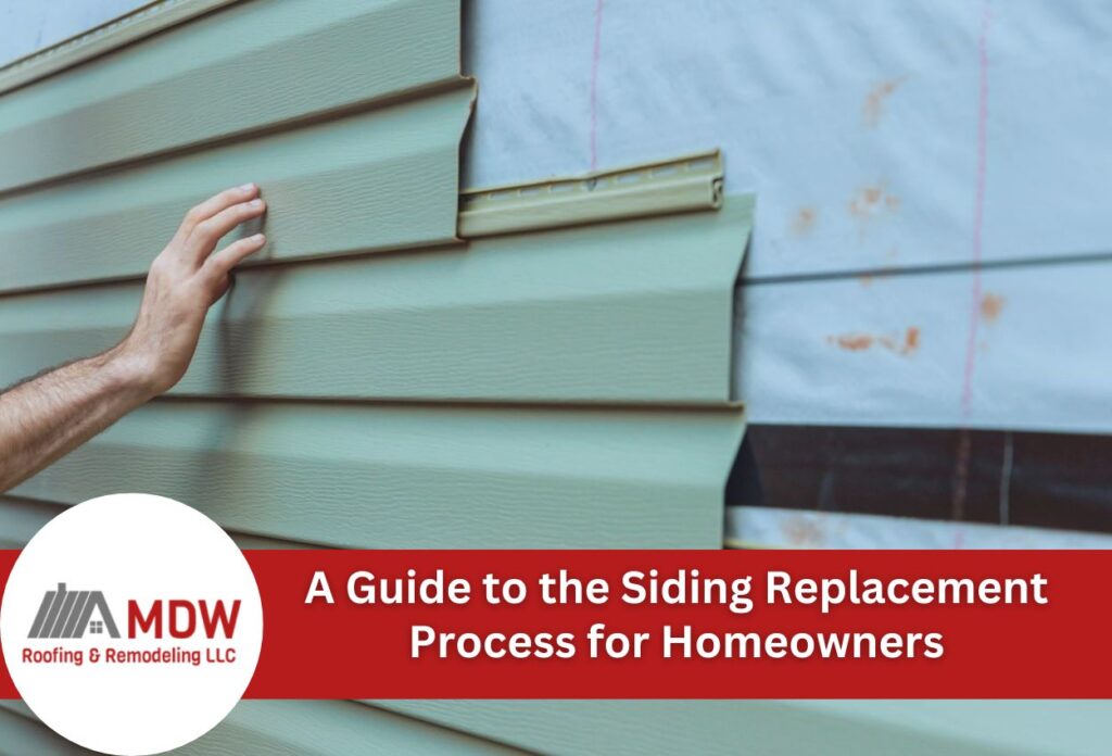 Hand touching green vinyl siding with text overlay about siding replacement guide