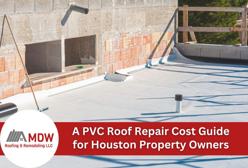PVC roof repair construction site with white membrane roofing and brick walls