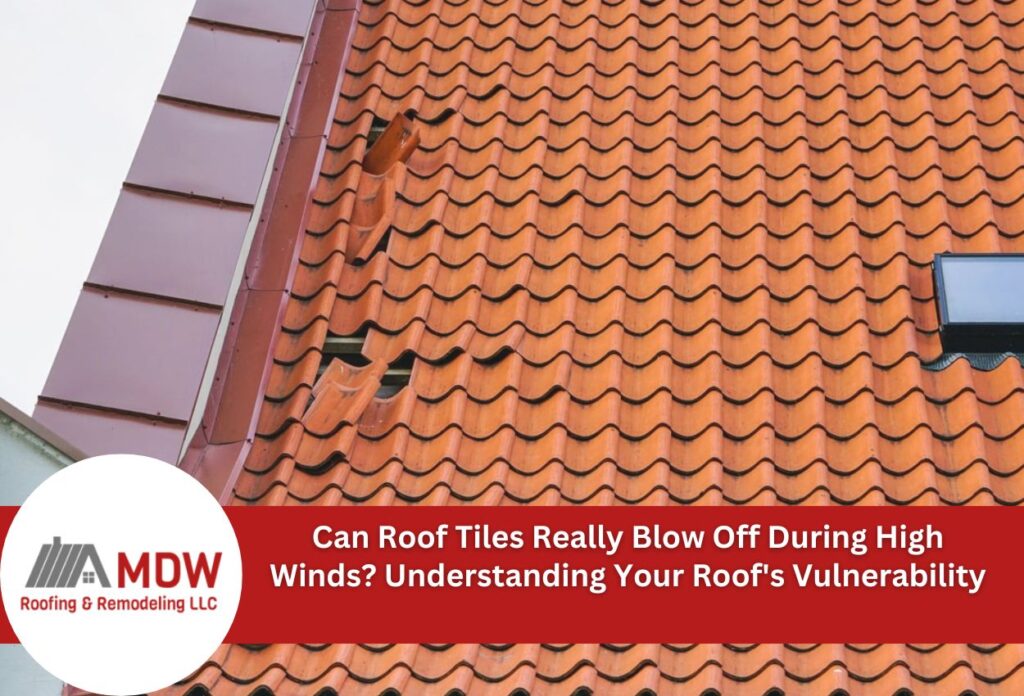 Orange clay roof tiles on house with damaged sections showing wind vulnerability