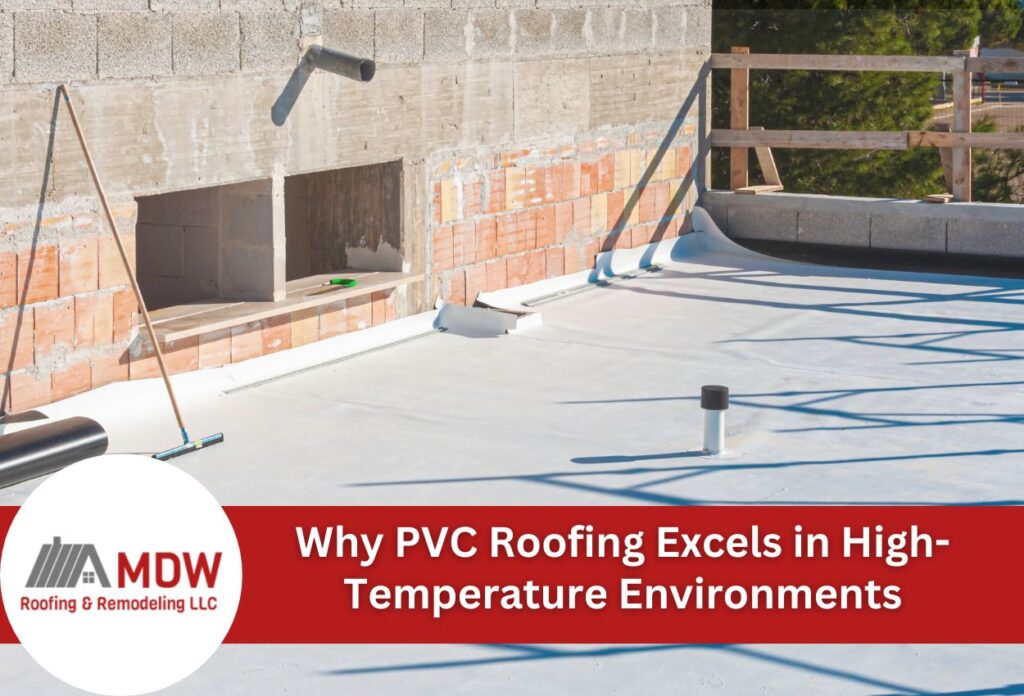 White PVC roofing membrane installation on commercial building construction site