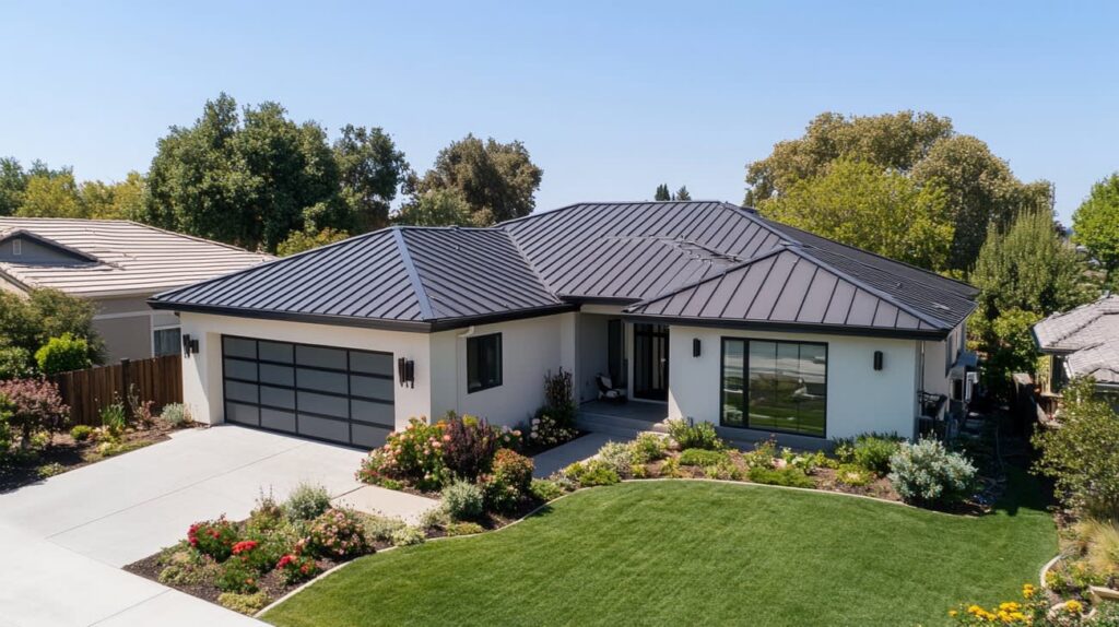 Modern single-story home with landscaped front yard and metal roof.
