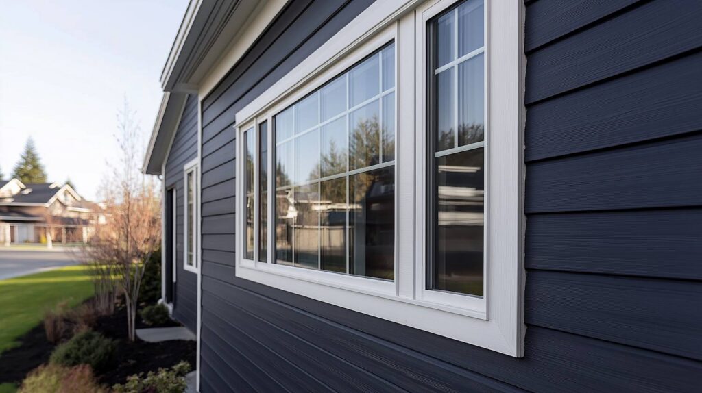 Close-up of modern house siding with white-framed window