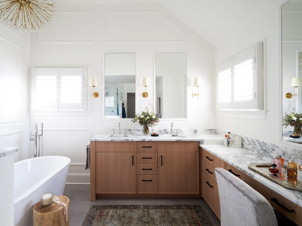 Elegant modern bathroom with double vanity and luxurious bathtub